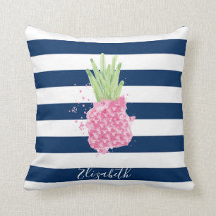 Aquarell-Ananas Tropisch ,Navy Blau Gestreift Kissen