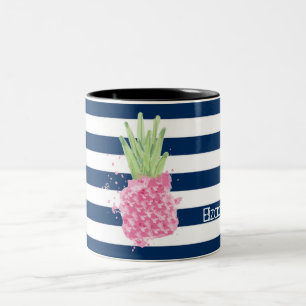 Aquarell-Ananas Tropisch ,Navy Blau Gestreift Zweifarbige Tasse