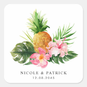 Aquarell-Ananas und Hibiskus-Tropenhochzeit Quadratischer Aufkleber