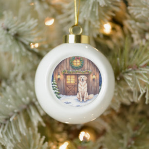 Aquarell Anatolischer Hirtenhund Rustikale Scheune Keramik Kugel-Ornament
