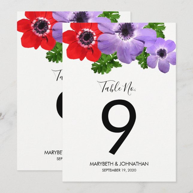 Aquarell-Anemone-Blumen-Tischnummernkarte Einladung (Vorne/Hinten)