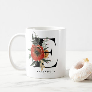 Aquarell-Anemone-Botanicals- Buchstabe E-Monogramm Kaffeetasse