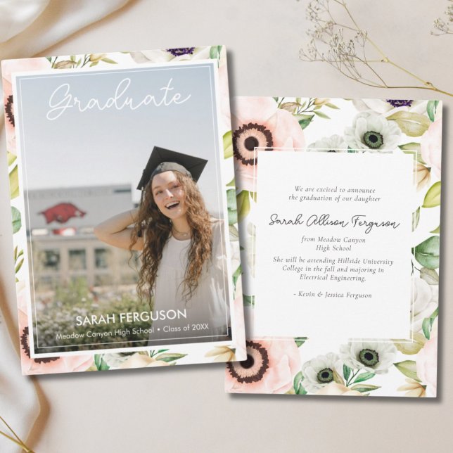 Aquarell Anemones Foto Abschluss Ankündigung (Floral Graduation Announcement)
