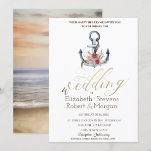 Aquarell-Anker-Blumen-nautische Hochzeit Einladung