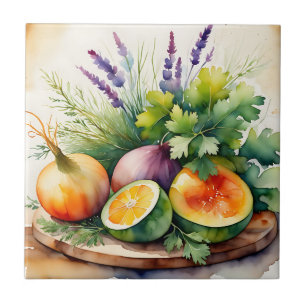 Aquarell-Anordnung frischer Kräuter und Zitrusfrüc Fliese