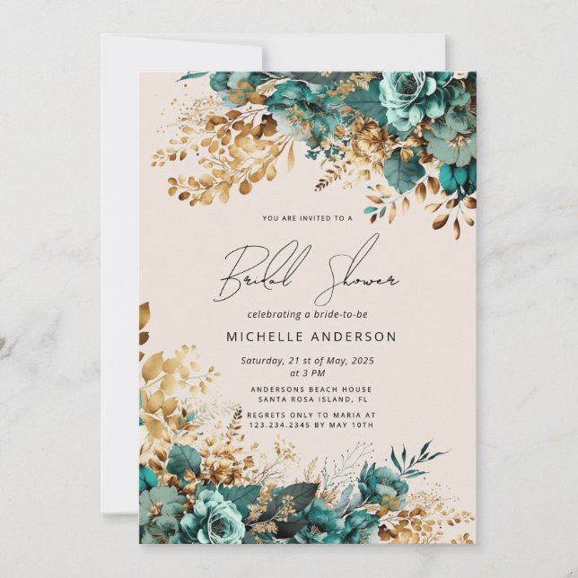 Aquarell Aquamarin Gold Floral Brautparty Einladung (Vorderseite)