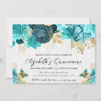 Aquarell Aquamarin und Gold Blume Quinceanera Einladung