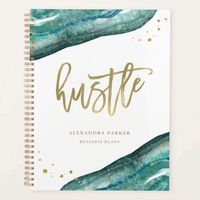 Aquarell Aquamarin und Goldgeode | Hustel Planer (Vorderseite)
