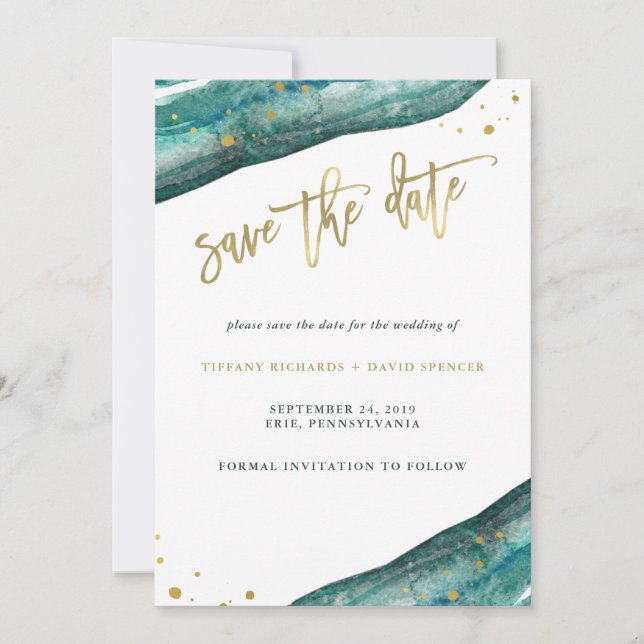 Aquarell Aquamarin und Goldgeode Save the Date (Vorderseite)