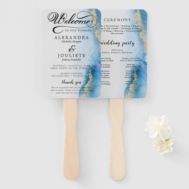 Aquarell | Aquamarines Hochzeitsprogramm Hand Fan Fächer (Vorne und Hinten)