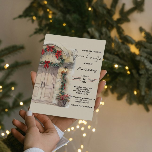 Aquarell Arched Doing Open House Einladung (Watercolor Arched Door Christmas Open House Invitation chic elegant cream tone color with res bows )