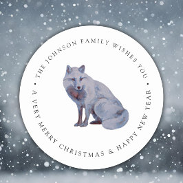 Aquarell Arctic Fox Frohe Weihnachtsfamilie Name Runder Aufkleber