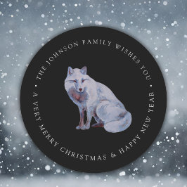 Aquarell Arctic Fox Frohe Weihnachtsfamilie Name Runder Aufkleber
