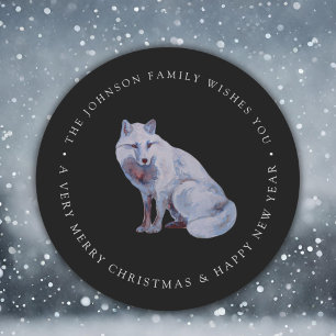 Aquarell Arctic Fox Frohe Weihnachtsfamilie Name Runder Aufkleber