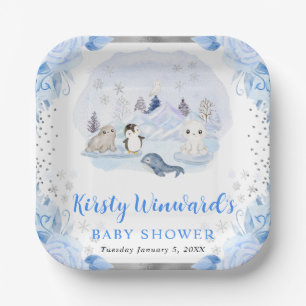 Aquarell-Arktis-Tiere-Blumen-Baby-Party Pappteller