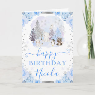 Aquarell-Arktis-Tiere-Blumen-Geburtstag Karte
