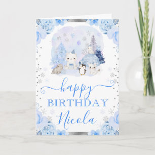 Aquarell-Arktis-Tiere-Blumen-Geburtstag Karte