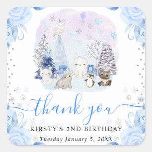 Aquarell-Arktis-Tiere-Blumen-Kindergeburtstag Quadratischer Aufkleber