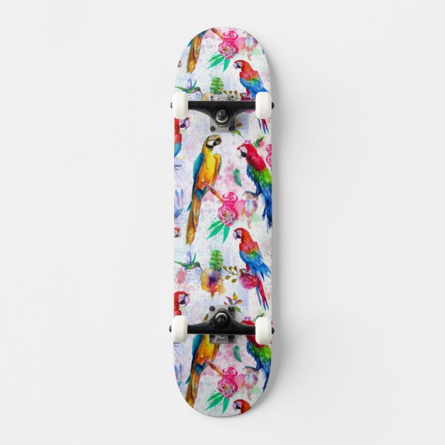Aquarell-Art-Papageien Skateboard (Vorderseite)