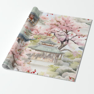 Aquarell Asiatische Pagode Amistkreuz Blüten Geschenkpapier