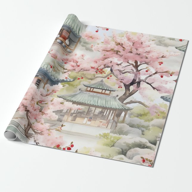 Aquarell Asiatische Pagode Amistkreuz Blüten Geschenkpapier (Ungerollt)