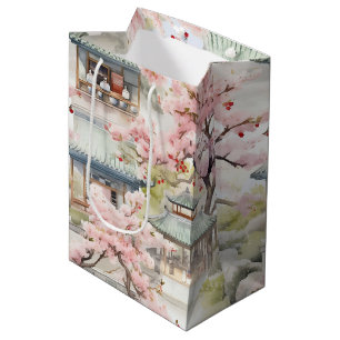 Aquarell Asiatische Pagode Amistkreuz Blüten Mittlere Geschenktüte