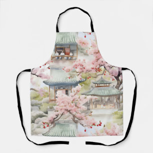 Aquarell Asiatische Pagode Amistkreuz Blüten Schürze