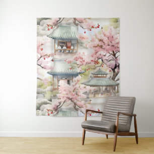 Aquarell Asiatische Pagode Amistkreuz Blüten Wandteppich