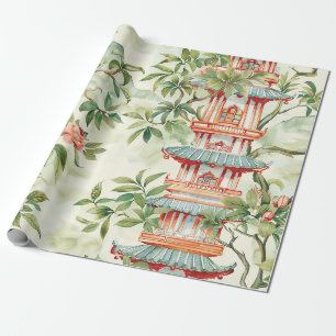 Aquarell-Asien-Pagode in üppiger Landschaft Geschenkpapier