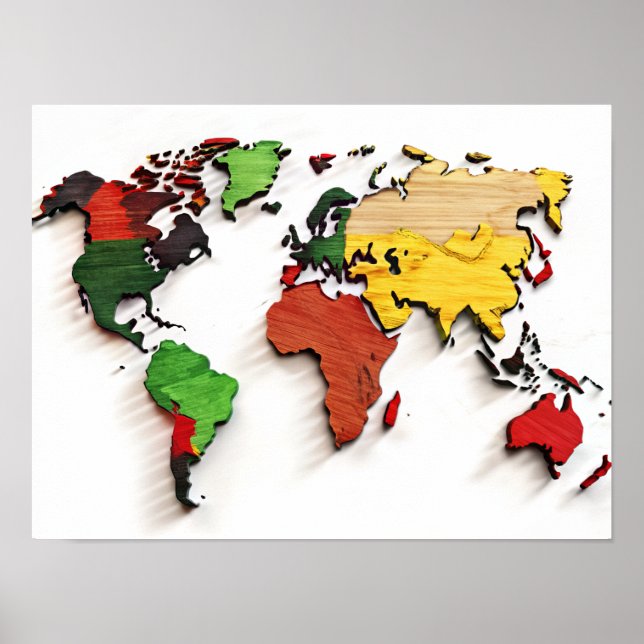 Aquarell auf Wood World Map Poster (Vorne)