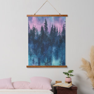 Aquarell Aurora Borealis Wald (3) Wandteppich Mit Holzrahmen