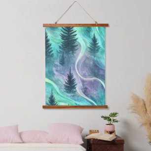 Aquarell Aurora Borealis Wald (5) Wandteppich Mit Holzrahmen