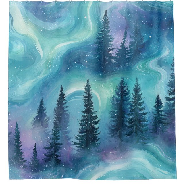 Aquarell Aurora Borealis Wald Duschvorhang (Vorderseite)