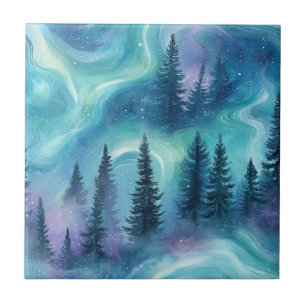 Aquarell Aurora Borealis Wald Fliese