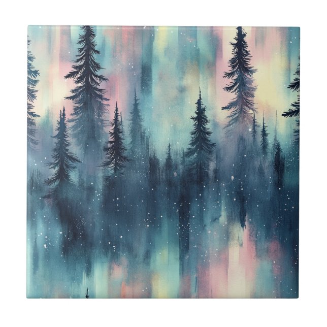 Aquarell Aurora Borealis Wald Fliese (Vorderseite)