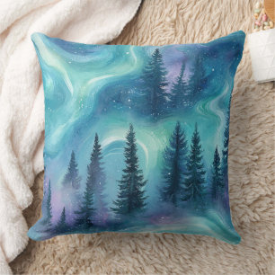 Aquarell Aurora Borealis Wald Kissen