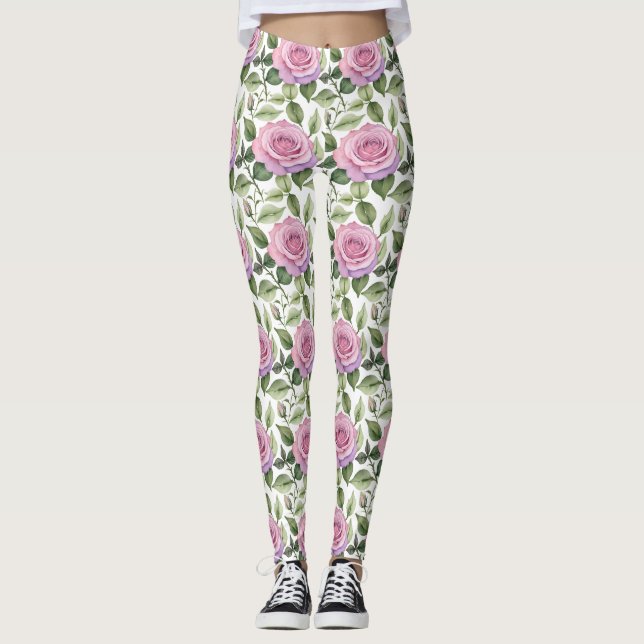 Aquarell aus rosa und lavendelfarbenen Rosen Leggings (Vorderseite)