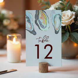 Aquarell-Auster-Küstenstrand-Meeresblau-Hochzeit Tischnummer