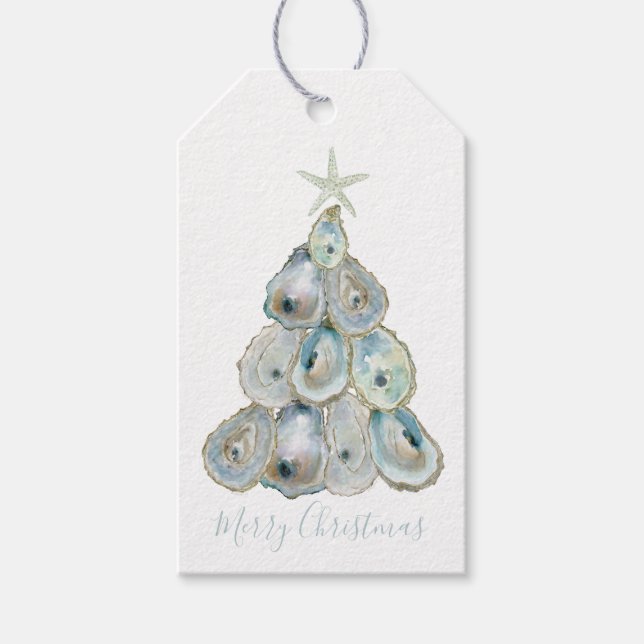 Aquarell-Auster-Weihnachtsbaum Geschenkanhänger (Vorderseite)