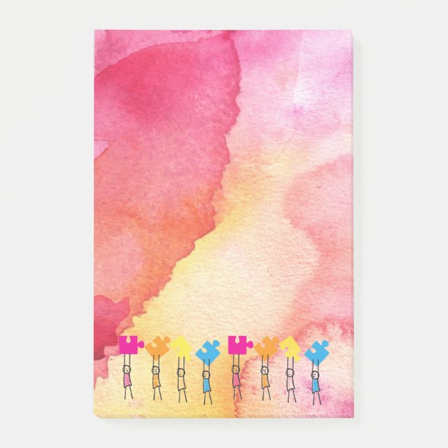Aquarell Autismus Puzzle Pieces Stick Kids Zeichne Post-it Klebezettel (Vorderseite)