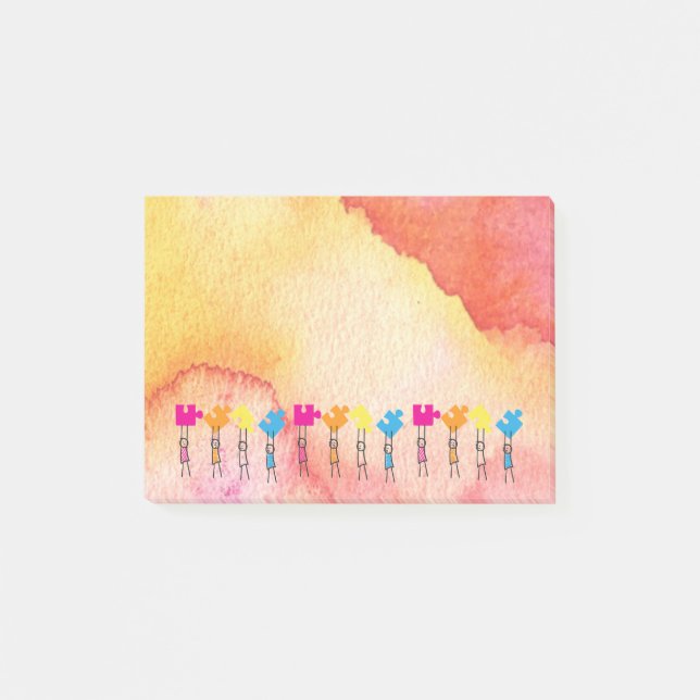 Aquarell Autismus Puzzle Pieces Stick Kids Zeichne Post-it Klebezettel (Vorderseite)