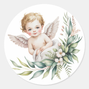 Aquarell-Baby-Engel-Federflügel-Taufe  Runder Aufkleber