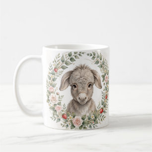 Aquarell-Baby-Esel-Erdbeer-Rosen-Farmhaus Kaffeetasse