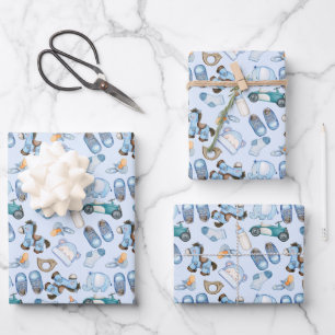 Aquarell-Baby-Jungen-Muster mit Spielzeug Kleidung Geschenkpapier Set
