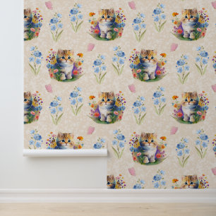Aquarell Baby Kitten Katze Floral Butterfly Creme Tapete