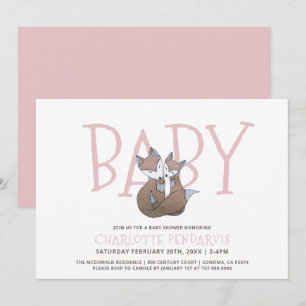 Aquarell-Baby-Party-Einladung Wald Füchse Rosa Mäd Einladung