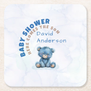 Aquarell-Baby-Party Junge blauer Teddybär Rechteckiger Pappuntersetzer
