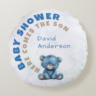 Aquarell-Baby-Party Junge blauer Teddybär Rundes Kissen