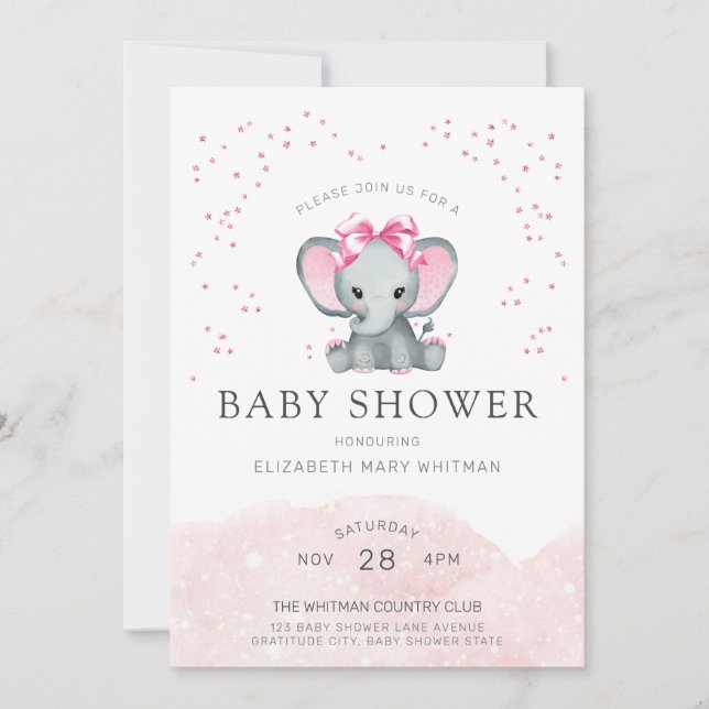 Aquarell Baby Pink Elefant Babydusche Einladung (Vorderseite)
