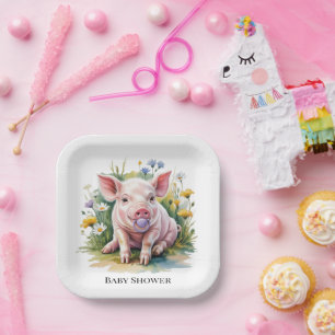 Aquarell-Baby-Schwein-Wildblumen-Baby-Party Pappteller